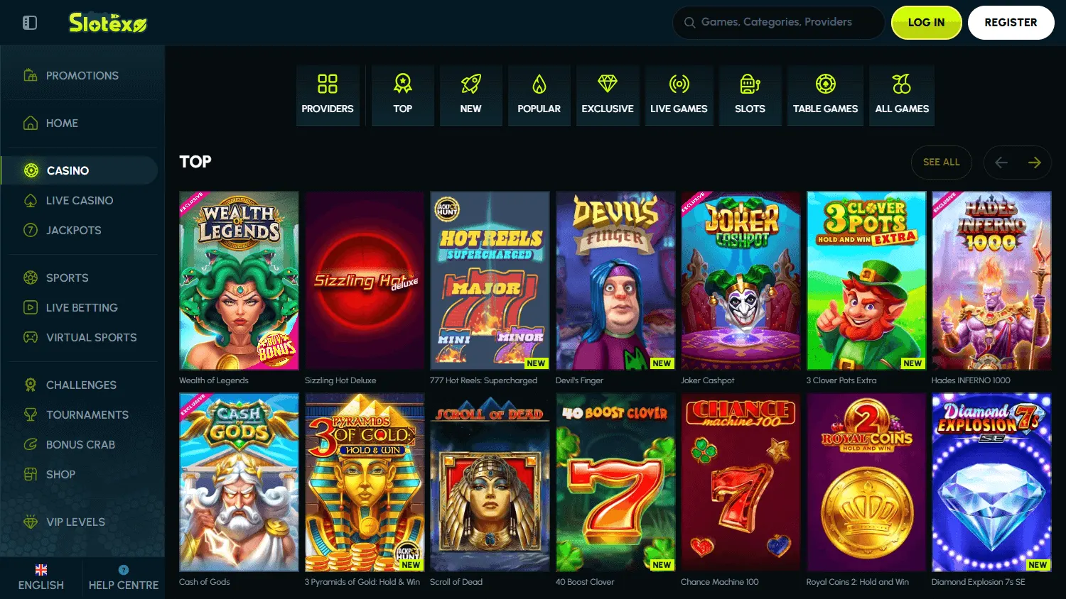 Slotexo Casino desktop lobby with live casino and table game options