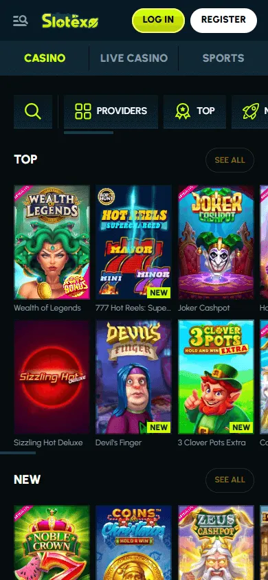 Slotexo Casino game lobby on an iPhone mobile browser