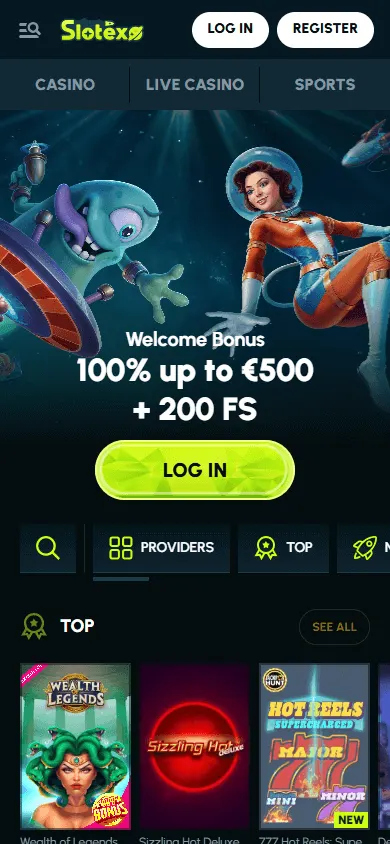 Slotexo Casino game lobby on an Android mobile browser