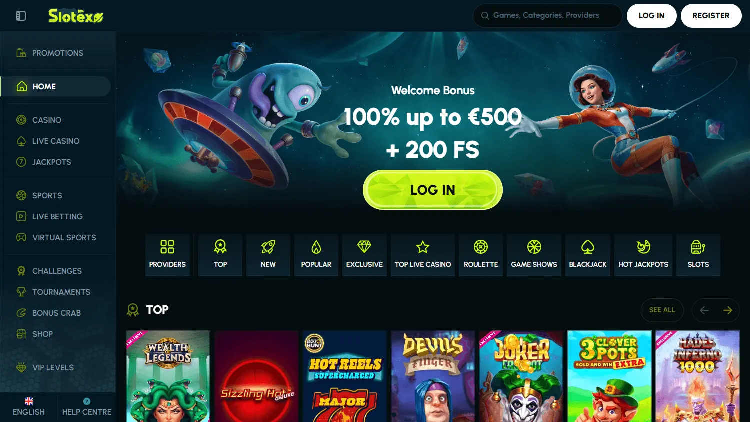Slotexo Casino desktop game lobby with casino categories