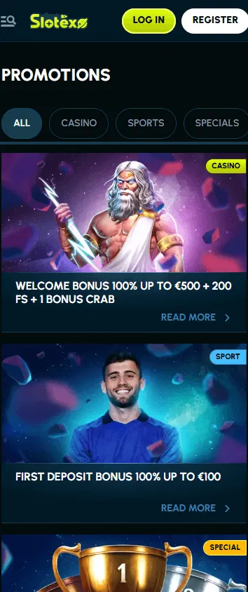 Slotexo Casino promotions area on a mobile browser