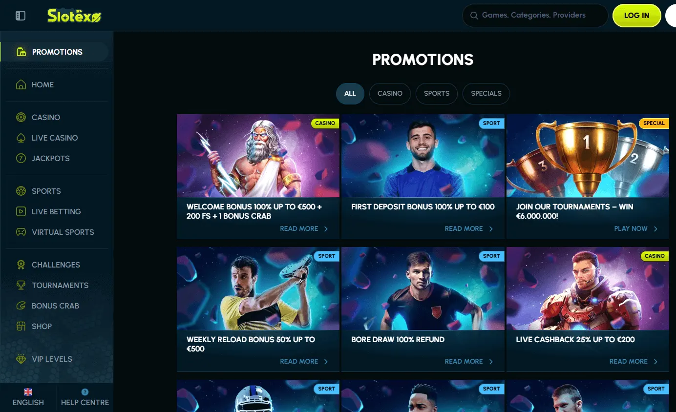 Slotexo Casino desktop promotions area with bonus offers